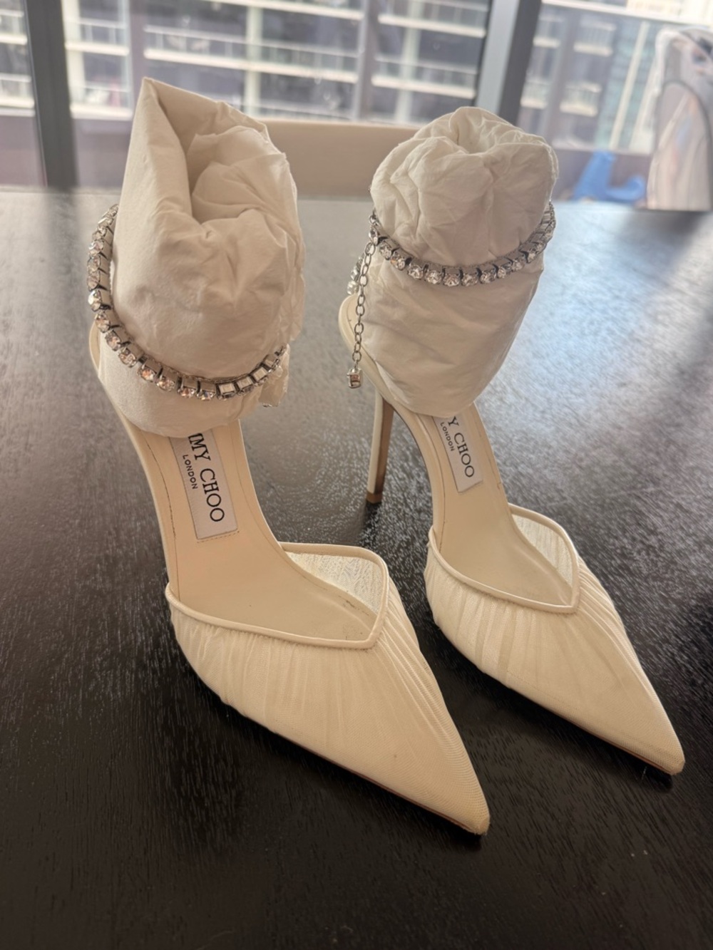 Jimmy Choo Saeda 85 Ivory Tulle Crystal Pump size 37.5 - Picture 3 of 17